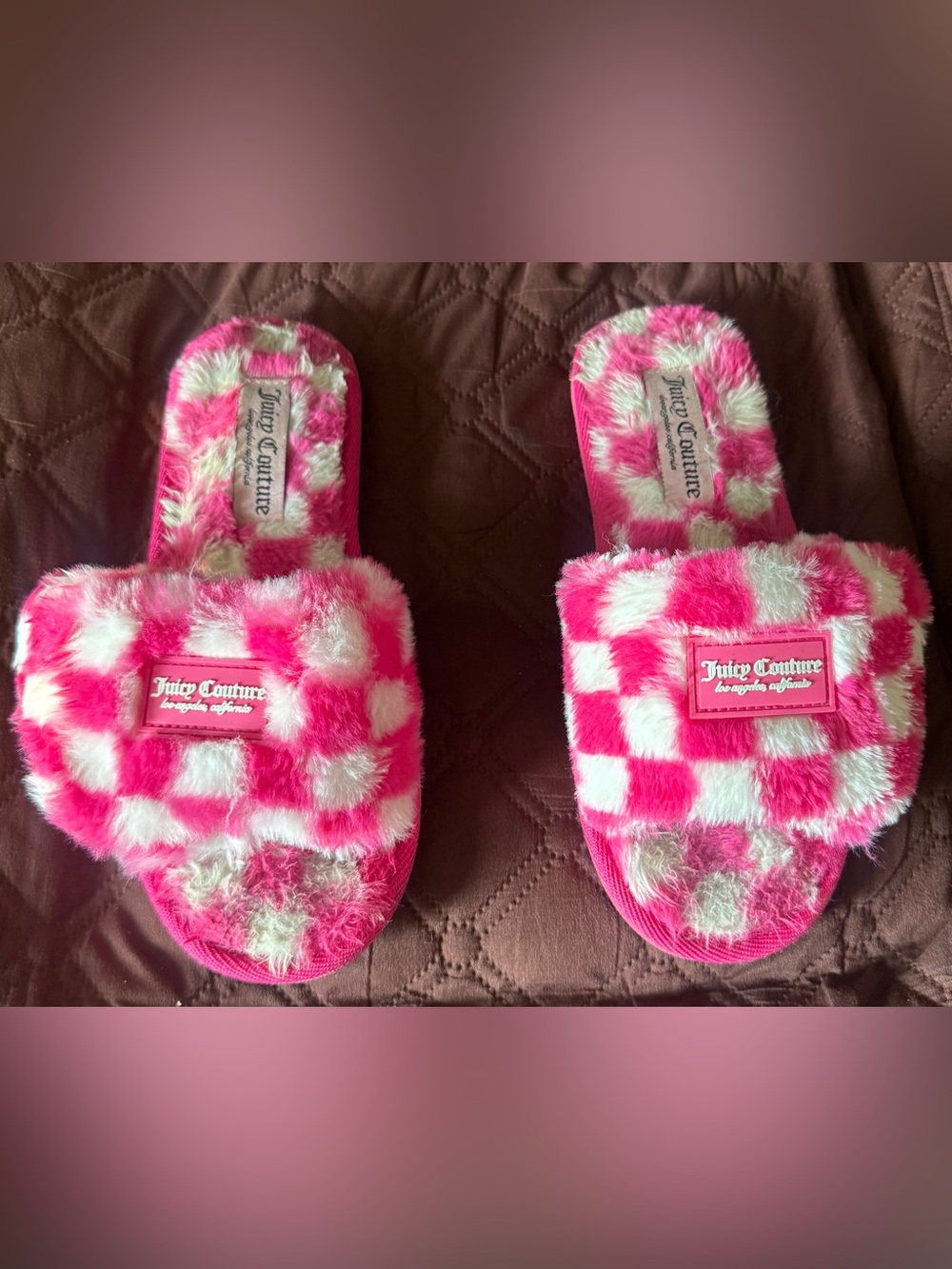 Juicy Couture Pink & White Check Fuzzy Slide Slippers
